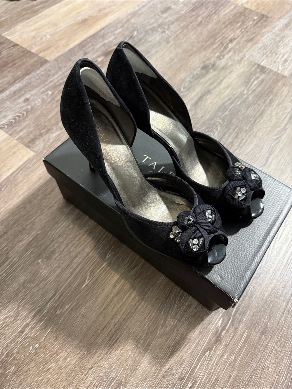 Talbots black suede D'Orsay peep-toe heels